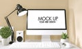 Mock up poster computer in office zen style and decoration on top table office.3D rendering Royalty Free Stock Photo