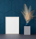 Mock up poster in dark abstract interior background with hexagon wall and golden plant Royalty Free Stock Photo