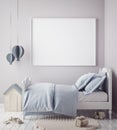 Mock up poster frame in baby boy room, scandinavian style interior background Royalty Free Stock Photo