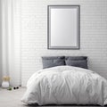 Mock up poster frame in bedroom interior background and brick wall, 3D illustration Royalty Free Stock Photo