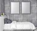 Mock up poster frame in bedroom interior background and concrete wall, 3D illustration