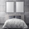 Mock up poster frame in bedroom interior background and concrete wall, 3D illustration Royalty Free Stock Photo