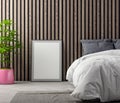 Mock up poster frame in bedroom interior background with wood wall planks, 3D illustration Royalty Free Stock Photo