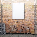 Mock up poster frame on the brick wall with a bike and decor on a urban exterior. Royalty Free Stock Photo