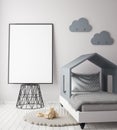 Mock up poster frame in children bedroom, scandinavian style interior background,