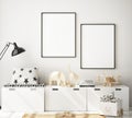 Mock up poster frame in children bedroom, Scandinavian style interior background, 3D render, 3D illustration Royalty Free Stock Photo