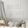 Mock up poster frame in children bedroom, Scandinavian style interior background, 3D render, 3D illustration Royalty Free Stock Photo