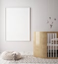 Mock up poster frame in children bedroom, scandinavian style interior background, 3D render Royalty Free Stock Photo