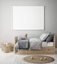 Mock up poster frame in children bedroom, scandinavian style interior background, 3D render Royalty Free Stock Photo