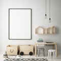 Mock up poster frame in children bedroom, scandinavian style interior background, 3D render