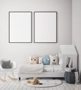 Mock up poster frame in children bedroom, scandinavian style interior background, 3D render Royalty Free Stock Photo