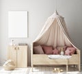 Mock up poster frame in children bedroom, Scandinavian style interior background, 3D render