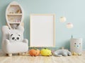 Mock up poster frame in children room,kids room,nursery mockup,blue wall Royalty Free Stock Photo