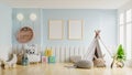 Mock up poster frame in children room,kids room,nursery mockup,blue wall Royalty Free Stock Photo