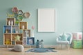 Mock up poster frame in children room,kids room,nursery mockup,blue wall Royalty Free Stock Photo