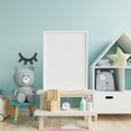 Mock up poster frame in children room,kids room,nursery mockup,blue wall Royalty Free Stock Photo