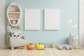 Mock up poster frame in children room,kids room,nursery mockup,blue wall Royalty Free Stock Photo