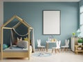 Mock up poster frame in children room,kids room,nursery mockup,blue wall Royalty Free Stock Photo