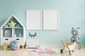 Mock up poster frame in children room,kids room,nursery mockup,blue wall Royalty Free Stock Photo