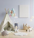 Mock up poster frame in children room with kids tent on blue wall background Royalty Free Stock Photo