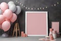 Mock up poster frame in children room with pastel balloons and decorations Royalty Free Stock Photo