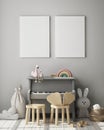 Mock up poster frame in children`s bedroom, Scandinavian style interior background, 3D render