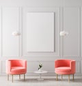 Mock up poster frame in classic style interior. Minimalist classic room with armchair. 3D illustration
