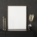 Mock up poster frame closeup in black interior background Royalty Free Stock Photo