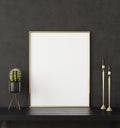 Mock up poster frame closeup in black interior background Royalty Free Stock Photo