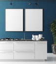 Mock up poster frame in contemporary kitchen interior, modern style