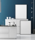 Mock up poster frame in contemporary kitchen interior, modern style Royalty Free Stock Photo