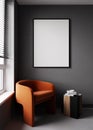 Mock up poster frame on dark gray wall and bright orange modern furniture, minimal design, 3d render, 3d illustration Royalty Free Stock Photo