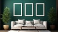 Mock up poster frame in dark green living room interior, ethnic style, 3d render Royalty Free Stock Photo