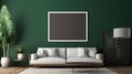 Mock up poster frame in dark green living room interior, ethnic style, 3d render Royalty Free Stock Photo