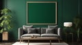 Mock up poster frame in dark green living room interior, ethnic style, 3d render Royalty Free Stock Photo