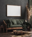 Mock up poster frame in dark green living room interior, ethnic style