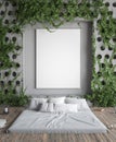 Mock up poster frame in hipster bedroom. Bed in floor and ivy on concrete walls