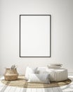 Mock up poster frame in hipster interior background, living room,Scandinavian style, 3D render, 3D illustration Royalty Free Stock Photo