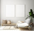 Mock up poster frame in hipster interior background, living room,Scandinavian style, 3D render, 3D illustration