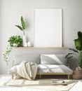 Mock up poster frame in hipster interior background, living room,Scandinavian style, 3D render, 3D illustration Royalty Free Stock Photo