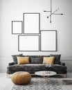 Mock up poster frame in hipster interior background, Scandinavian style, 3D render Royalty Free Stock Photo