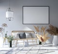 Mock up poster frame in home interior background, Bohemian style living room Royalty Free Stock Photo