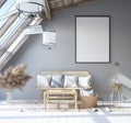 Mock up poster frame in home interior background, Scandinavian Bohemian style living room in attic Royalty Free Stock Photo