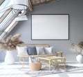 Mock up poster frame in home interior background, Scandinavian Bohemian style living room in attic Royalty Free Stock Photo