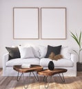 Mock up poster frame in home interior background, Scandinavian Bohemian style living room