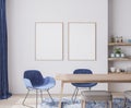 Mock up poster frame, Interior design for dining room with velvet blue chairs,