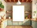 Mock up poster frame in kitchen interior background, Ethnic style, 3d render Royalty Free Stock Photo