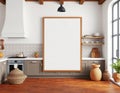 Mock up poster frame in kitchen interior background, Ethnic style, 3d render Royalty Free Stock Photo