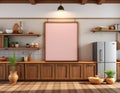 Mock up poster frame in kitchen interior background, Ethnic style, 3d render Royalty Free Stock Photo