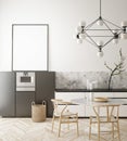 Mock up poster frame in kitchen interior background, Scandinavian style, 3D render Royalty Free Stock Photo